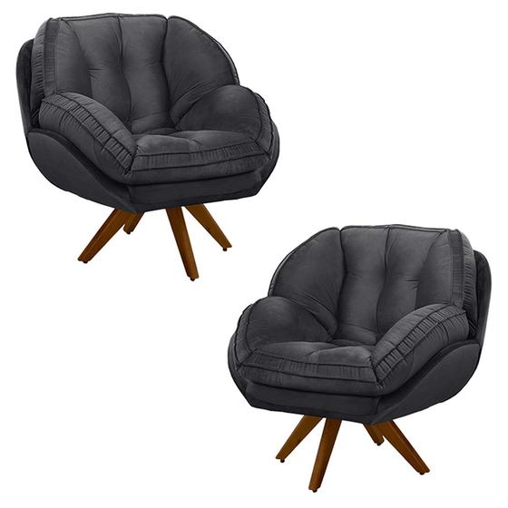 Imagem de Kit 2 Poltronas Decorativas Base em Madeira Giratória Giroud Veludo Cinza Chumbo G33 - Gran Belo