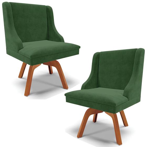 Imagem de Kit 2 Poltronas Decorativas Base Giratória de Madeira Firenze Suede Verde Esmeralda/Natural G19 - Gran Belo