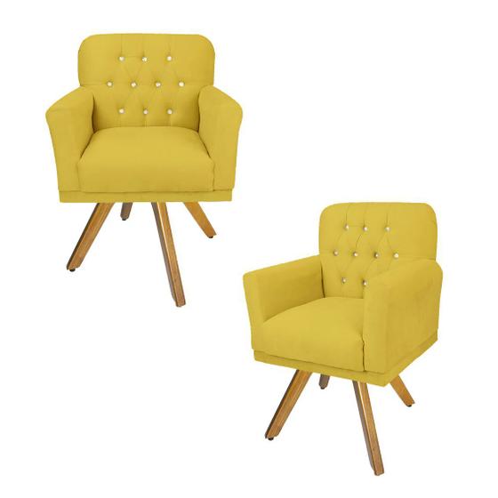 Imagem de Kit 2 Poltronas Decorativas Base Giratória de Madeira Quarto Anitta Suede Amarelo DL Decor