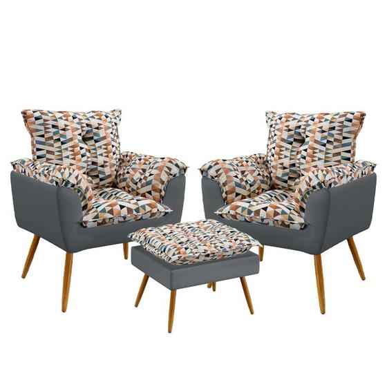 Imagem de Kit 2 Poltronas Decorativas Beta com Puff Lunar Sued Estampado Laranja com Cinza Aradecor