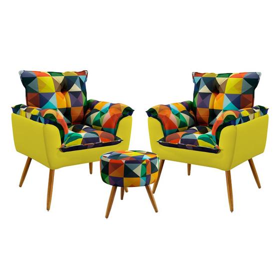 Imagem de Kit 2 Poltronas Decorativas Beta com Puff Solar Sued Estampado Colorido com Amarelo Aradecor