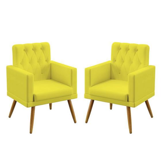 Imagem de Kit 2 Poltronas Decorativas Estofada Nina Com Rodapé E Botões Capitonê Sued Amarelo Aradecor