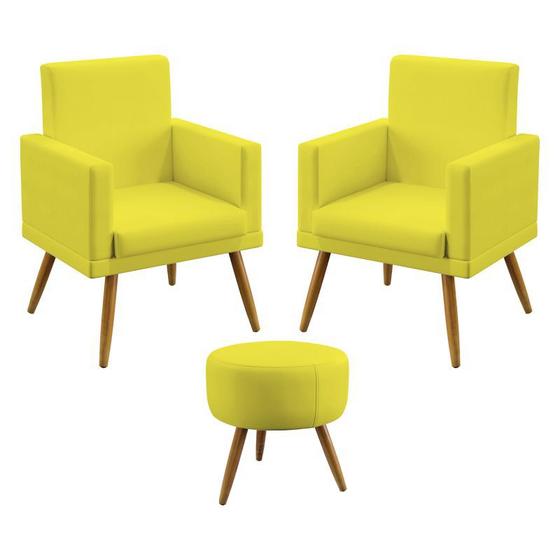 Imagem de Kit 2 Poltronas Decorativas Estofada Nina e Puff Solar Com Rodapé Sued Amarelo Aradecor