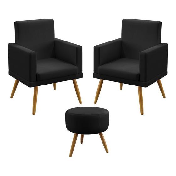 Imagem de Kit 2 Poltronas Decorativas Estofada Nina e Puff Solar Com Rodapé Sued Preto Aradecor