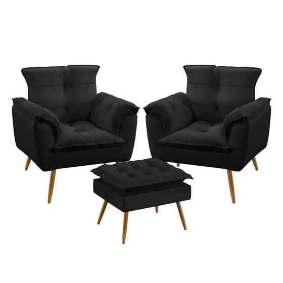 Imagem de Kit 2 Poltronas Decorativas Estofada para Sala de Estar Beta e Puff Lunar Sued Preto Aradecor