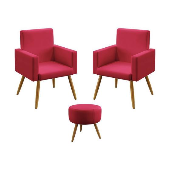 Imagem de Kit 2 Poltronas Decorativas Estofada Para Sala De Estar Nina e Puff Solar Sued Vermelho Aradecor