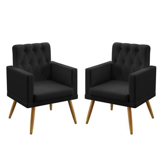 Imagem de Kit 2 Poltronas Decorativas Estofada Para Sala De Estar Vega Com Rodapé E Botões Capitonê Sued Preto Aradecor