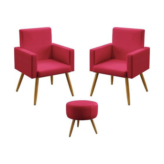 Imagem de Kit 2 Poltronas Decorativas Estofada Vega e Puff Solar Sued Vermelho Aradecor