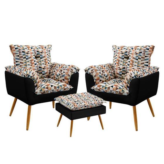 Imagem de Kit 2 Poltronas Decorativas Estofadas Opala com Puff Lunar Sued Estampado Laranja com Preto Aradecor