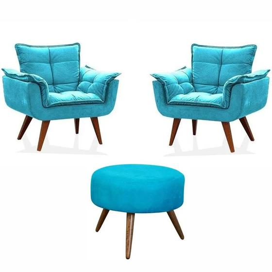 Imagem de Kit 2 Poltronas Decorativas Estofadas Opala Com Puff Redondo Turquesa