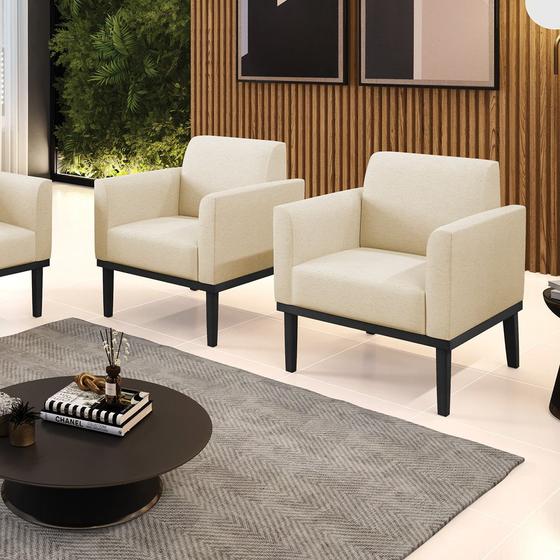 Imagem de Kit 2 Poltronas Decorativas Isabella Pés Fixo em Madeira Preto Linho Bege G19 - Gran Belo