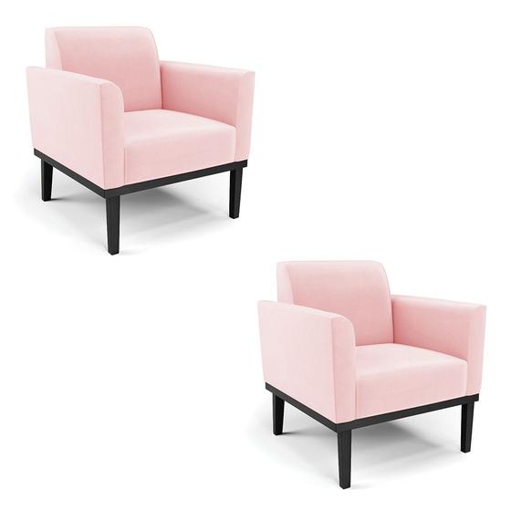 Imagem de Kit 2 Poltronas Decorativas Isabella Pés Fixo em Madeira Preto Suede Rosa Bebê G19 - Gran Belo