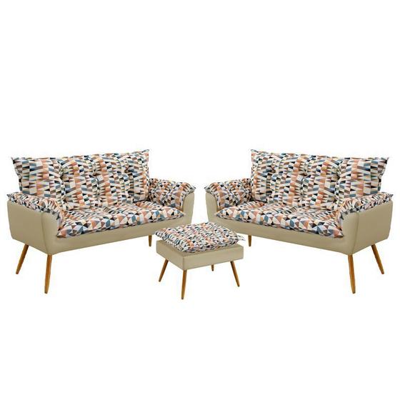 Imagem de Kit 2 Poltronas Decorativas Namoradeira Opala com Puff Lunar Sued Estampado Laranja com Bege Aradecor