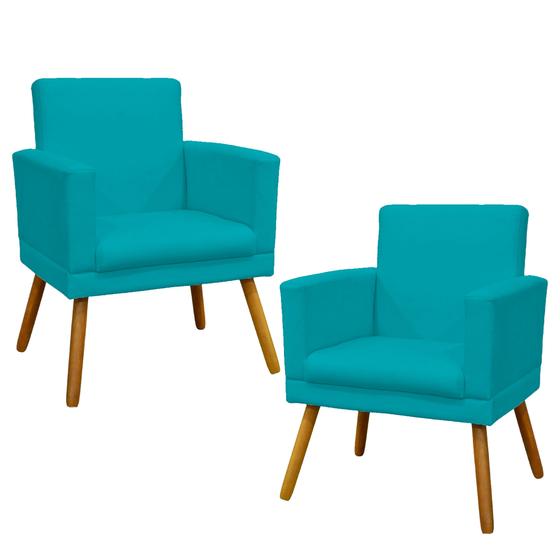 Imagem de Kit 2 Poltronas Decorativas Nina Com Base Suede Azul Turquesa Pé Castanho - Clique E Decortiva