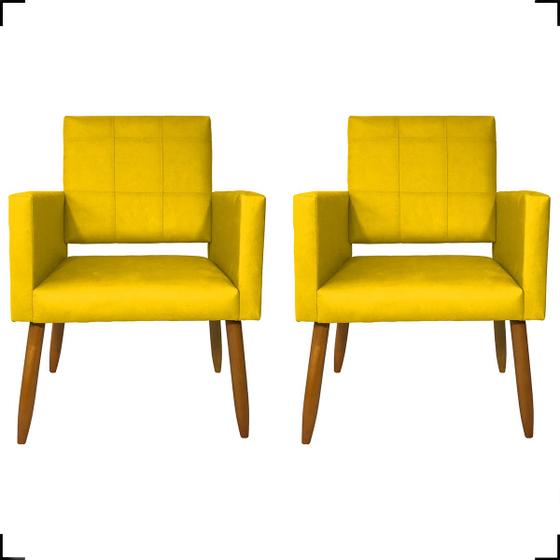 Imagem de Kit 2 Poltronas Decorativas Para Sala e Quarto Isa Suede Amarelo Pé Castanho