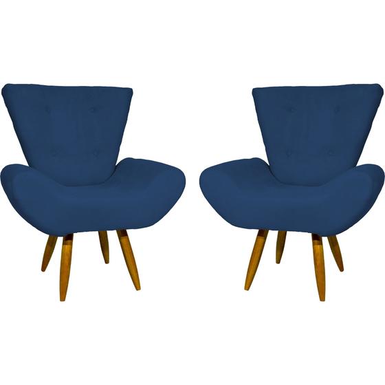 Imagem de Kit 2 poltronas decorativas para sala emilia suede azul marinho pé castanho
