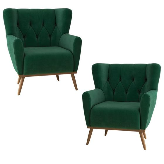 Imagem de Kit 2 Poltronas Decorativas Pés Madeira Eivissa Veludo Verde G45 - Gran Belo