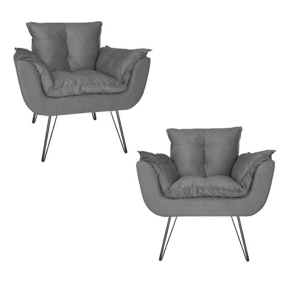 Imagem de Kit 2 Poltronas Decorativas Sala de Espera Pés de Ferro Opala Suede Cinza - LM DECOR