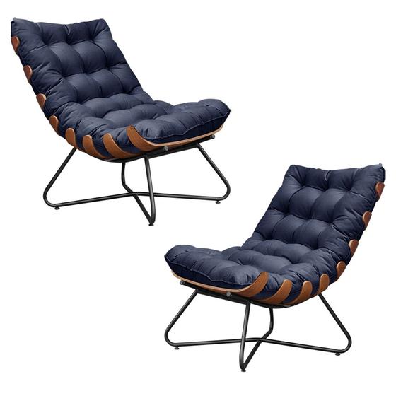 Imagem de Kit 2 Poltronas Decorativas Sala de Estar Caim Base de Madeira Preto Veludo Azul G41 - Gran Belo