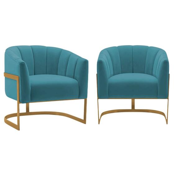 Imagem de Kit 2 Poltronas Decorativas Sala de Estar Recepção Mavie Base de Ferro Dourado Suede Azul Turquesa - Amarena Móveis