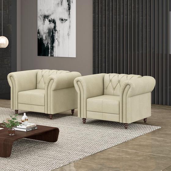 Imagem de Kit 2 Poltronas Decorativas Sala de Estar Stanford Chesterfield Pés de Madeira Couro Off White G58 - Gran Belo