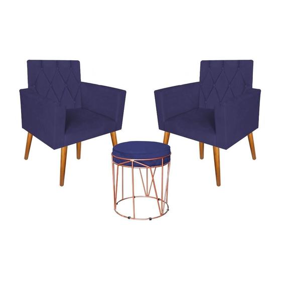 Imagem de Kit 2 Poltronas Decorativas Thais Capitonê E Puff Aramado Suede Azul Marinho - Móveis Mafer