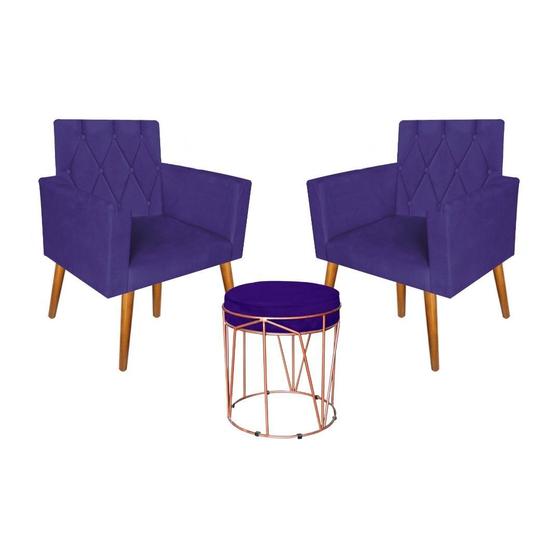 Imagem de Kit 2 Poltronas Decorativas Thais Capitonê E Puff Aramado Suede Roxo - Móveis Mafer