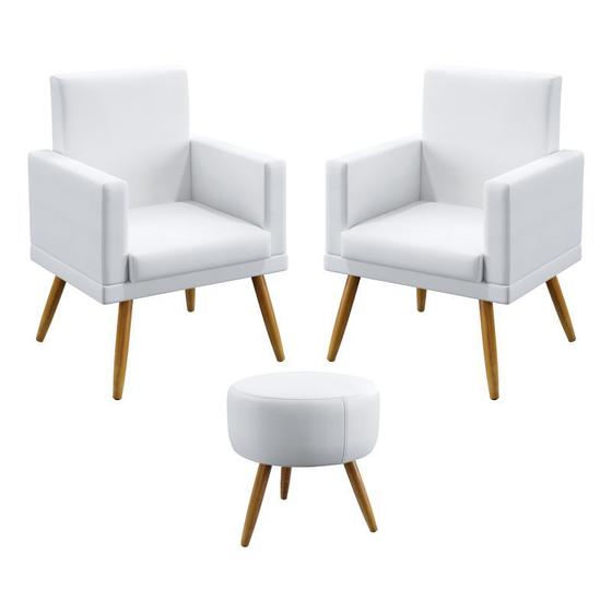 Imagem de Kit 2 Poltronas Decorativas Vega Rodapé Com Puff Solar Para Sala de Estar Couro Branco Aradecor