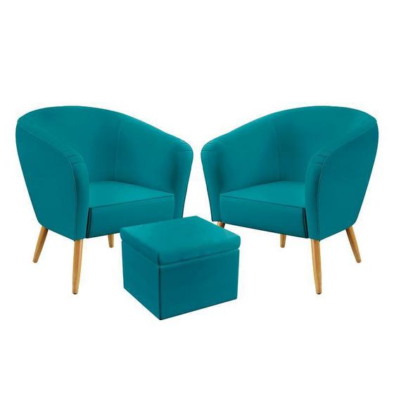 Imagem de Kit 2 Poltronas Decorativas Vênus com Puff Quasar Sued Azul Turquesa Aradecor