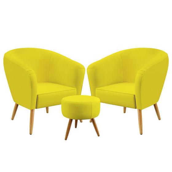 Imagem de Kit 2 Poltronas Decorativas Vênus com Puff Solar Sued Amarelo Aradecor