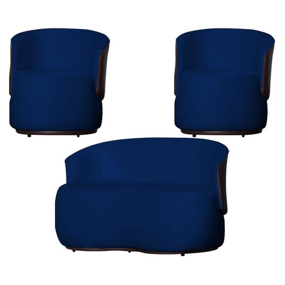 Imagem de Kit 2 Poltronas e Namoradeira Orgânica Aisha Veludo Azul Marinho Composê Corano Marrom - DL DECOR