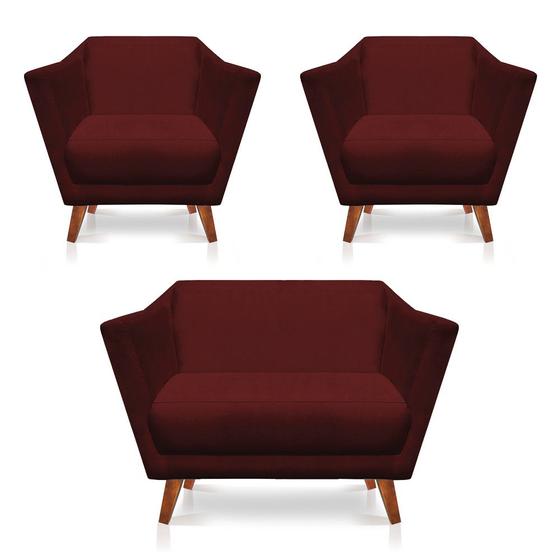 Imagem de Kit 2 Poltronas e Namoradeira Pérsia Suede Marsala Pés Chanfrado Castanho - Pallazio