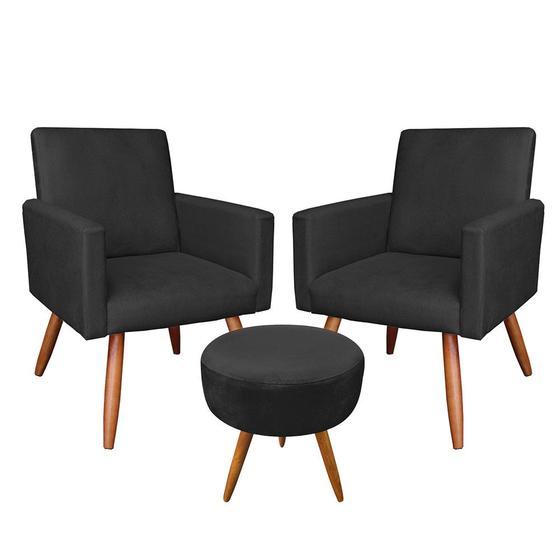 Imagem de Kit 2 Poltronas e Puff Banqueta Redonda Nina Suede Pés Palito Castanho - Pallazio