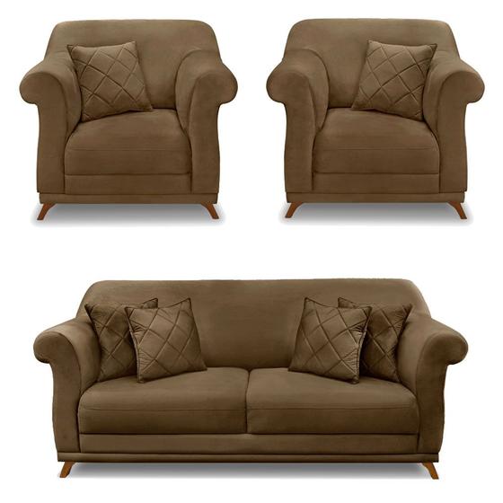 Imagem de Kit 2 Poltronas e Sofá Living 2 Lugares 1,60m Vênus Suede Caramelo Pés Castanho - Pallazio