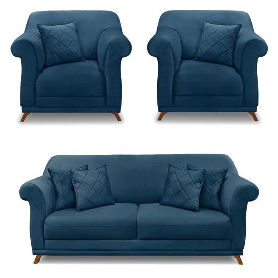 Imagem de Kit 2 Poltronas e Sofá Living 2 Lugares 1,80m Vênus Veludo Azul Marinho Pés Castanho - Pallazio