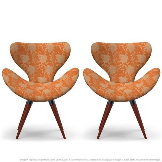 Imagem de Kit 2 Poltronas Egg Floral Marrom e Laranja Cadeira Decorativa com Base Fixa