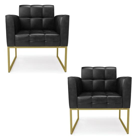 Imagem de Kit 2 Poltronas Elisa Corano Preto Base Metálica Industrial Dourado - D'Rossi