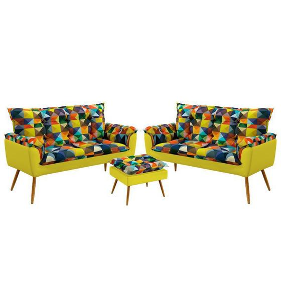 Imagem de Kit 2 Poltronas Estofadas Namoradeira Opala com Puff Lunar Sued Estampado Colorido com Amarelo Aradecor