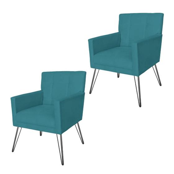 Imagem de Kit 2 Poltronas Estofadas Para Escritório Pés de Ferro Onix Suede Azul Turquesa - DL Decor