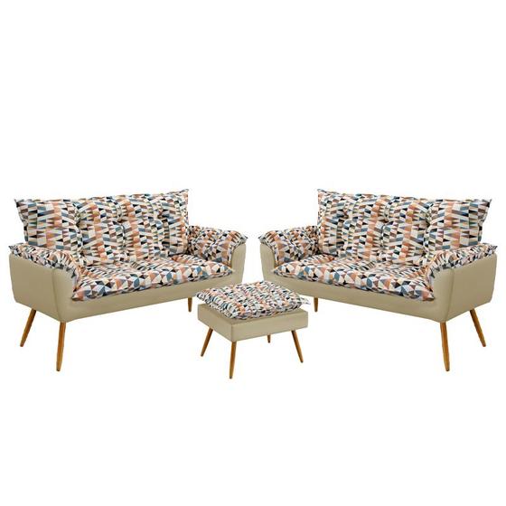 Imagem de Kit 2 Poltronas Namoradeira Beta com Puff Lunar Suede Estampado Laranja com Bege Aradecor