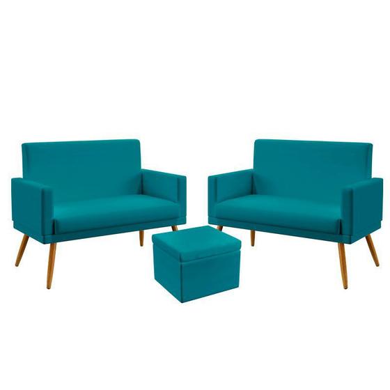 Imagem de Kit 2 Poltronas Namoradeira Decorativas Vega com Rodapé e Puff Quasar Sued Azul Turquesa Aradecor