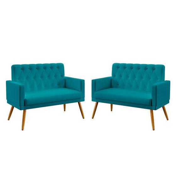 Imagem de Kit 2 Poltronas Namoradeira Estofadas Nina com Rodapé e Capitonê Sued Azul Turquesa Aradecor
