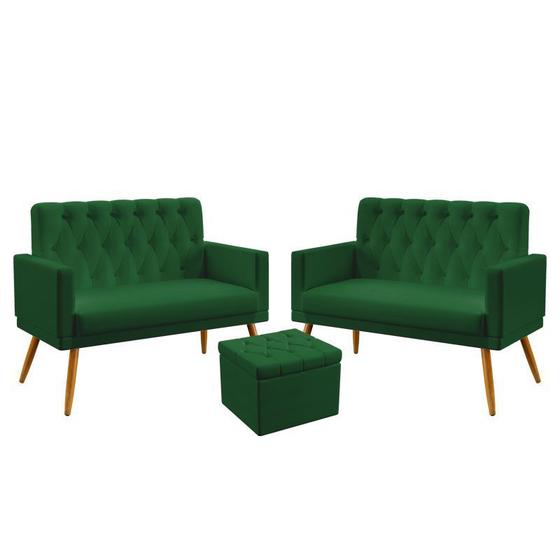 Imagem de Kit 2 Poltronas Namoradeira Estofadas Nina Rodapé e Capitonê com Puff Quasar Sued Verde Aradecor
