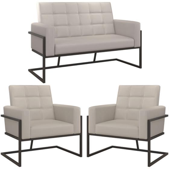 Imagem de Kit 2 Poltronas + Namoradeira material sintético Base de ferro para Escritório Sala de Estar Decorativa Cadeira Estofada Resistente Recepção Manicure