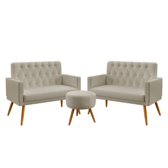 Imagem de Kit 2 Poltronas Namoradeira Para Sala de Estar Nina Rodapé e Capitonê com Puff Solar  Bege Aradecor