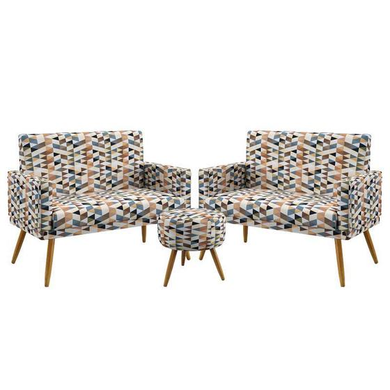 Imagem de Kit 2 Poltronas Namoradeira Vega com Rodapé e Puff Solar Suede Estampado Laranja Aradecor