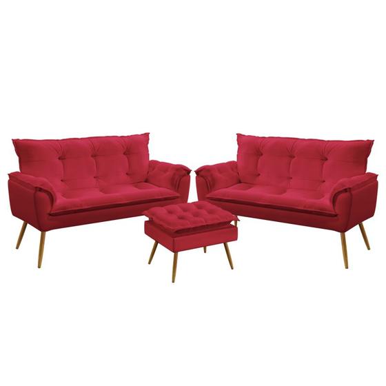 Imagem de Kit 2 Poltronas Namoradeiras Decorativas Estofadas Beta e Puff Lunar Sued Vermelho Aradecor