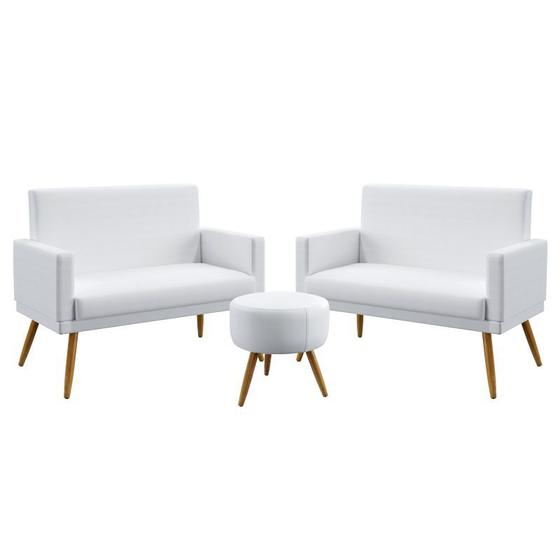 Imagem de Kit 2 Poltronas Namoradeiras Decorativas Estofadas Nina Com Rodapé Puff Solar Couro Branco Aradecor