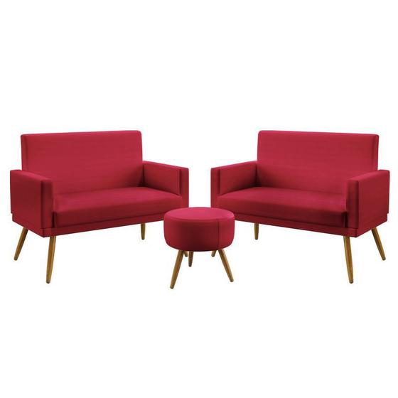 Imagem de Kit 2 Poltronas Namoradeiras Decorativas Estofadas Nina Com Rodapé Puff Solar Sued Vermelho Aradecor