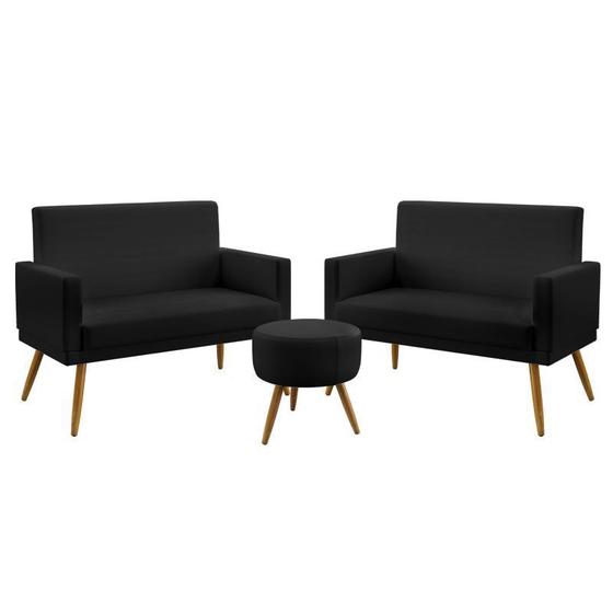 Imagem de Kit 2 Poltronas Namoradeiras Decorativas Estofadas Vega Com Rodapé e Puff Solar Sued Preto Aradecor